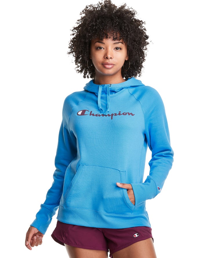 Champion Dame Hættetrøje Blå - Powerblend Fleece Script Logo - Danmark MUK-538970